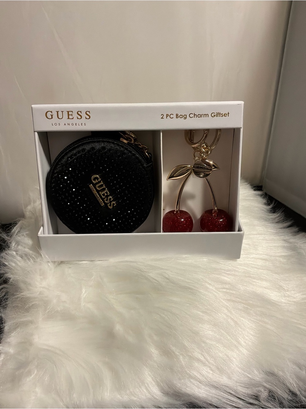 GUESS Black Sequin Coin Purse with Red Cherry Charm Set